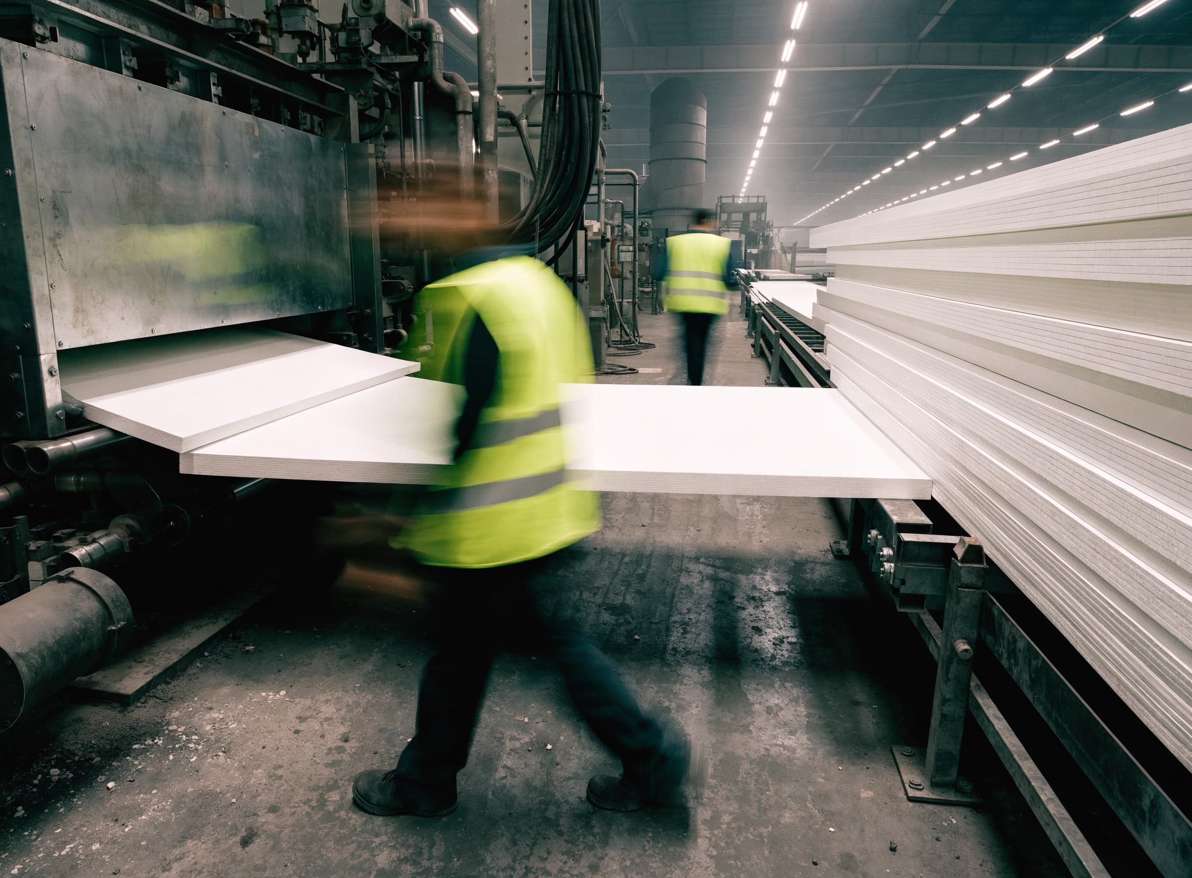 The foam board line mid-run, an operator carrying a freshly extruded sheet, boards stacked alongside
