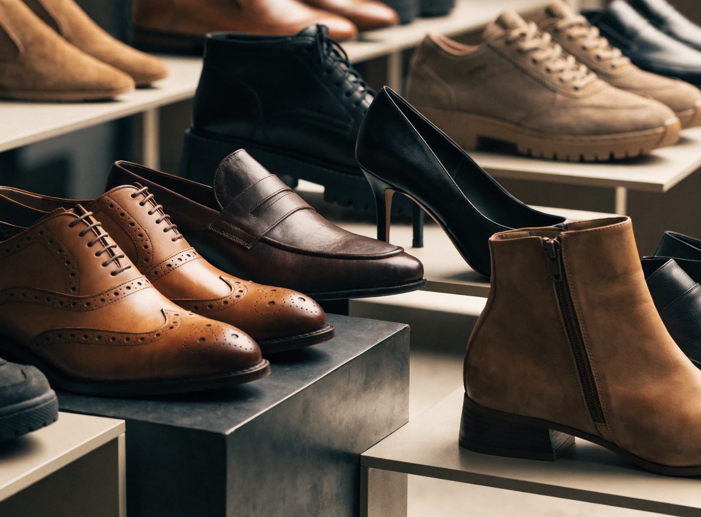 A footwear range on plinths: brogues, loafers, heels, boots and trainers in tan, brown and black